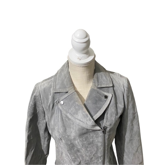 Isaac Mizrahi Live Women Gray 3/4 Zip 100% Suede Leather Moto Jacket Wrap Coat 4 - Picture 2 of 13